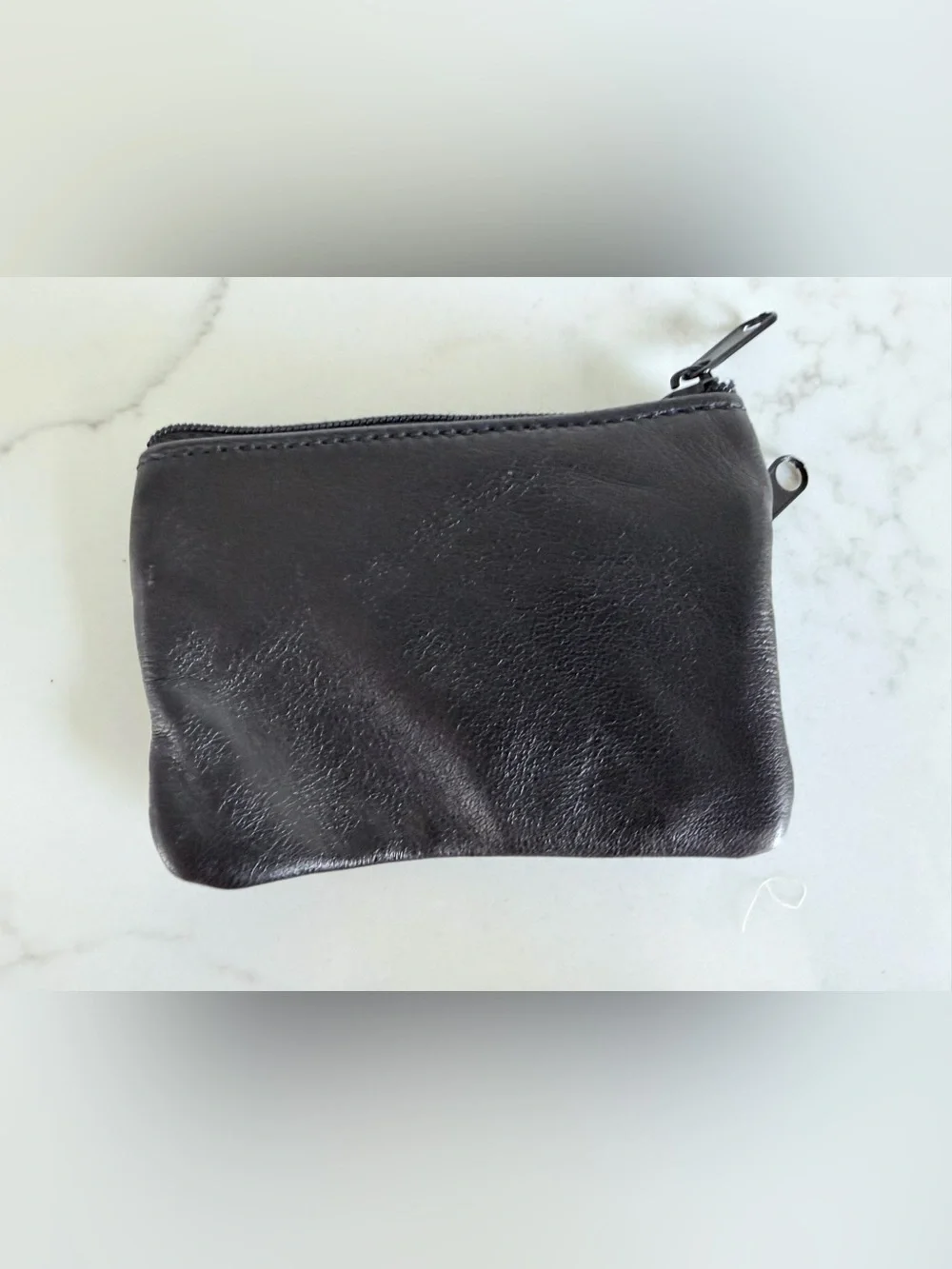 Leather Zip Coin Pouch Key Holder  - Black